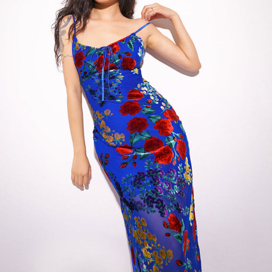 Floral Velvet Devore Burnout Stretch-woven Midi Dress in Klein Blue - Shanghai Tang