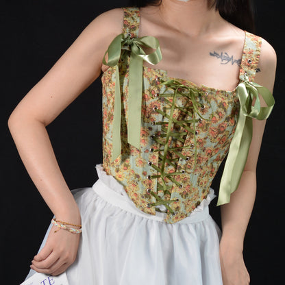 Renaissance Lace Up Floral Corset Top - Sunflower Garden