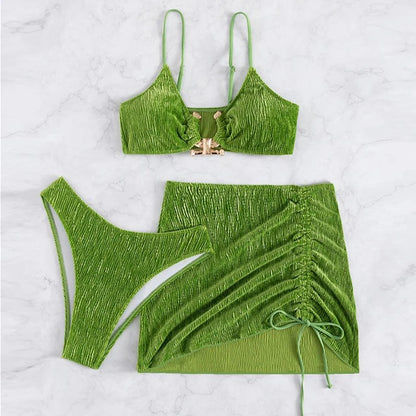 Textured Velvet Bikini Skirt 3Pc Set - Matcha Green