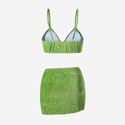 Textured Velvet Bikini Skirt 3Pc Set - Matcha Green