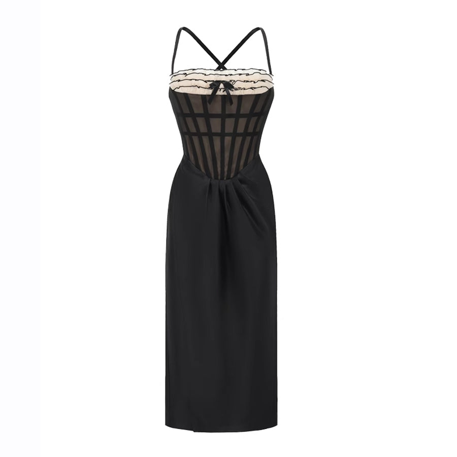 Mesh-Satin Panel Ruffle Bow Tie Corset Midi Dress in Black - Minuit à Paris