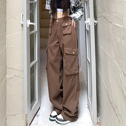 High Waist Pocket Detail Cargo Wide Leg Trousers in Brown