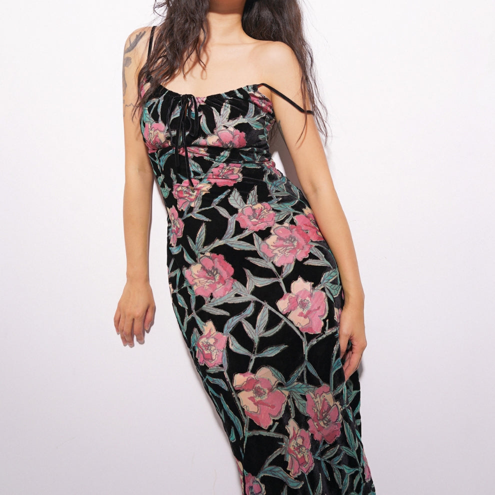 Floral Velvet Devore Burnout Stretch-woven Midi Dress in Black - Paris Dream