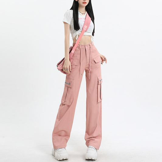 High Waist Buckle Detail Cargo Wide Leg Trousers in Pink