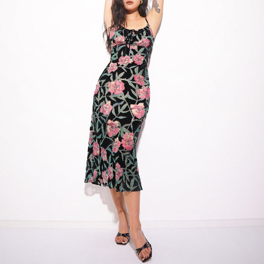 Floral Velvet Devore Burnout Stretch-woven Midi Dress in Black - Paris Dream