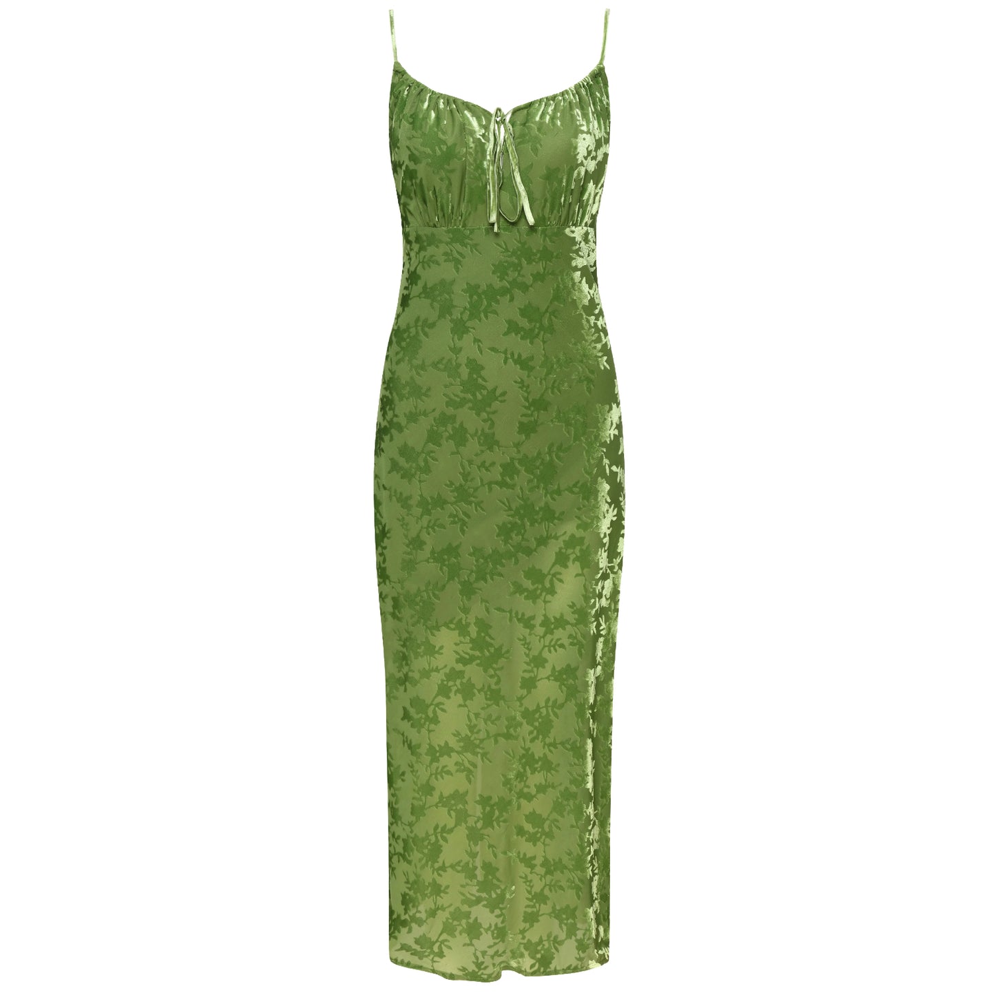 Bamboo Print Velvet Devore Burnout Stretch-woven Midi Dress in Green - Oriental Mist