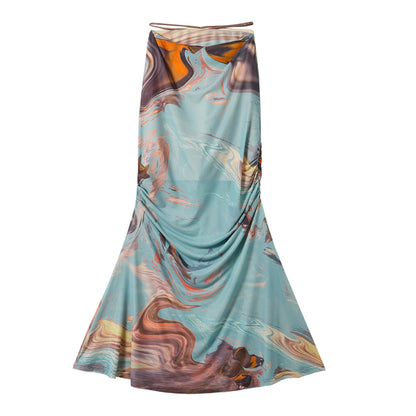 Oil Abstract Print Mesh Tulle Soft Lounge Bodycon Top With Maxi Skirt Set in Blue