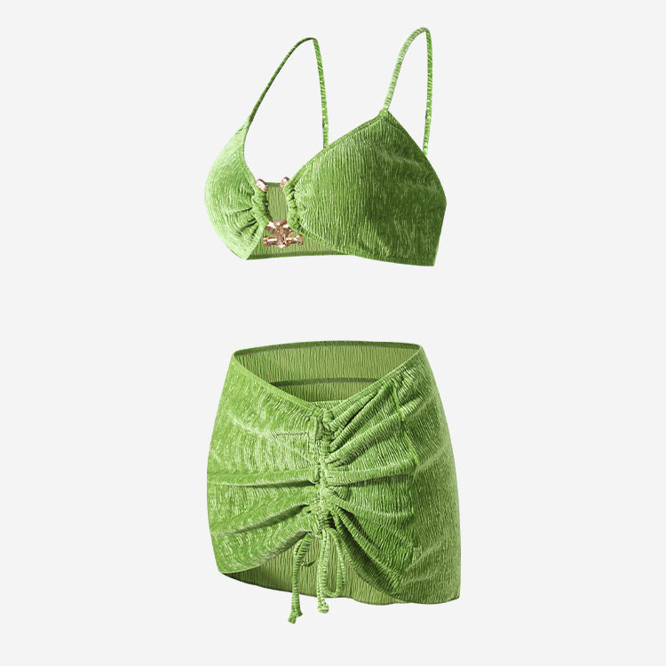 Textured Velvet Bikini Skirt 3Pc Set - Matcha Green