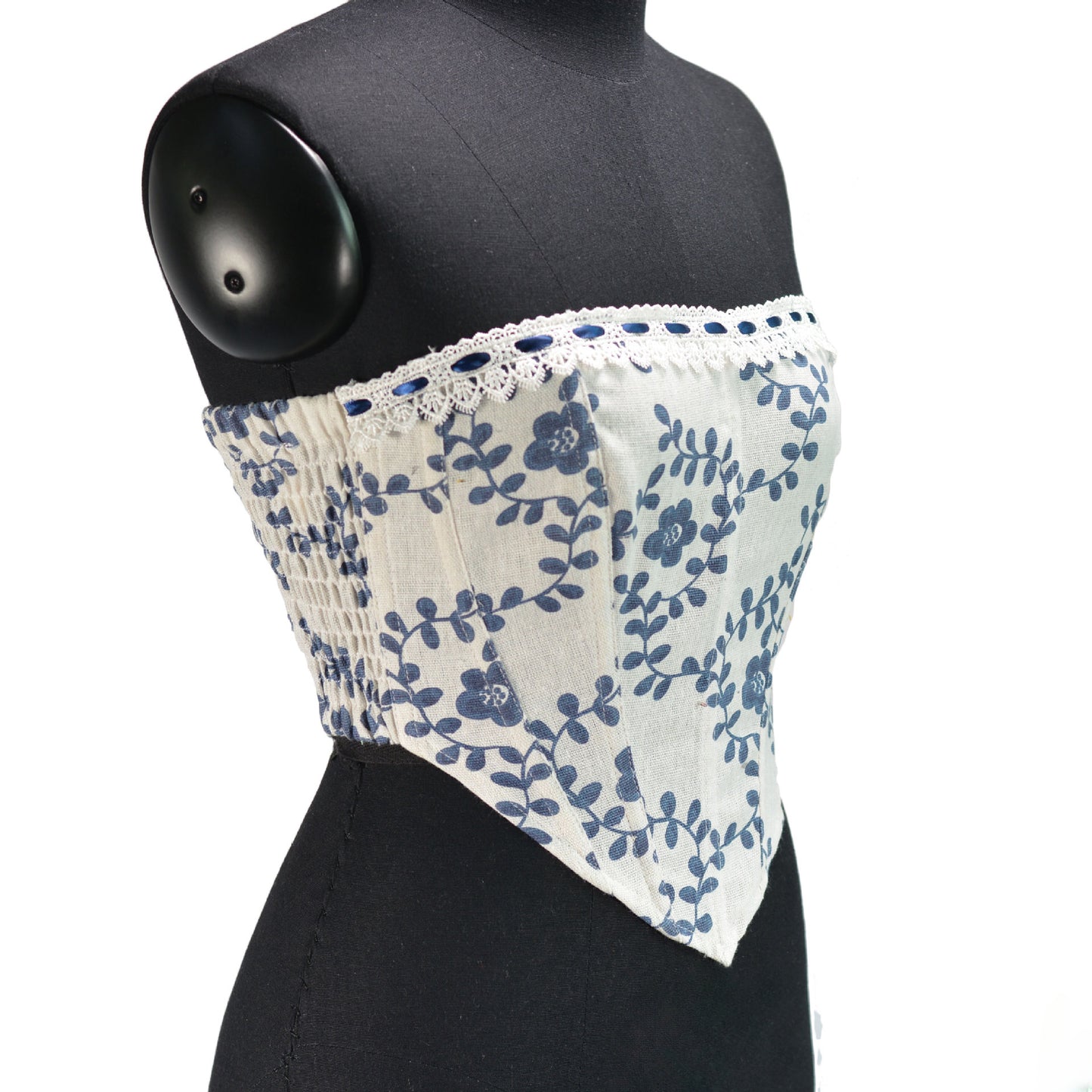 Renaissance Strapless Shirred Back Floral Jacquard Corset Crop Top - Blue Vines