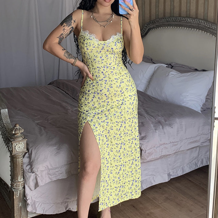 Countryside Summer Floral Print Midi Dress - Lavender Lemon Tart