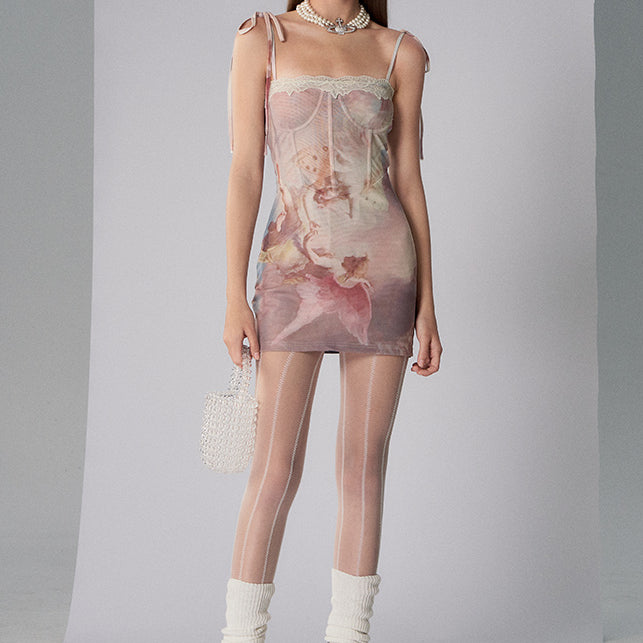 Printed Sheer Tulle Mesh Corset Mini Dress