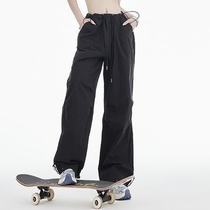 Retro Ruched Drawstring Waist Cargo Parachute Pants in Black