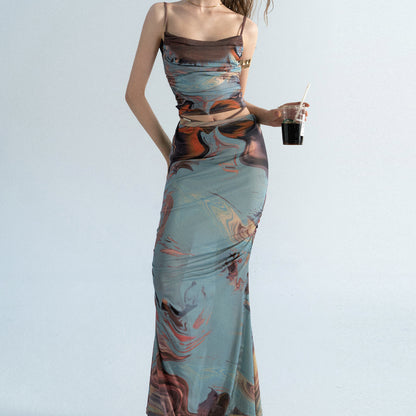 Oil Abstract Print Mesh Tulle Soft Lounge Bodycon Top With Maxi Skirt Set in Blue