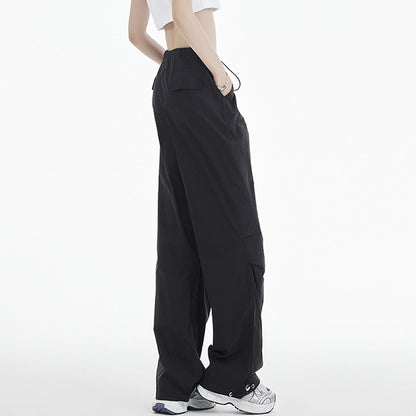 Retro Ruched Drawstring Waist Cargo Parachute Pants in Black