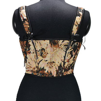 Renaissance Lace Up Floral Jacquard Corset Top - Black Daisy