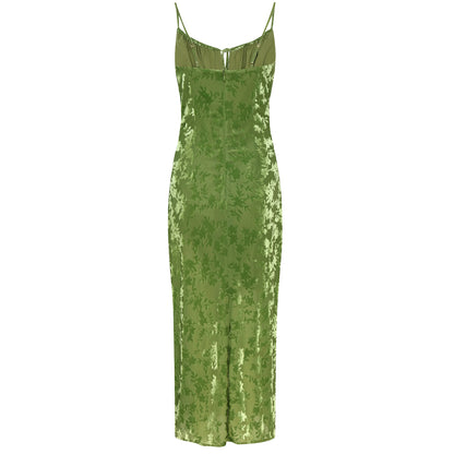 Bamboo Print Velvet Devore Burnout Stretch-woven Midi Dress in Green - Oriental Mist