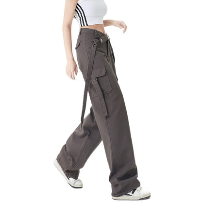 High Street Retro Strap Detail Cargo Utility Parachute Pants in Dark Grey