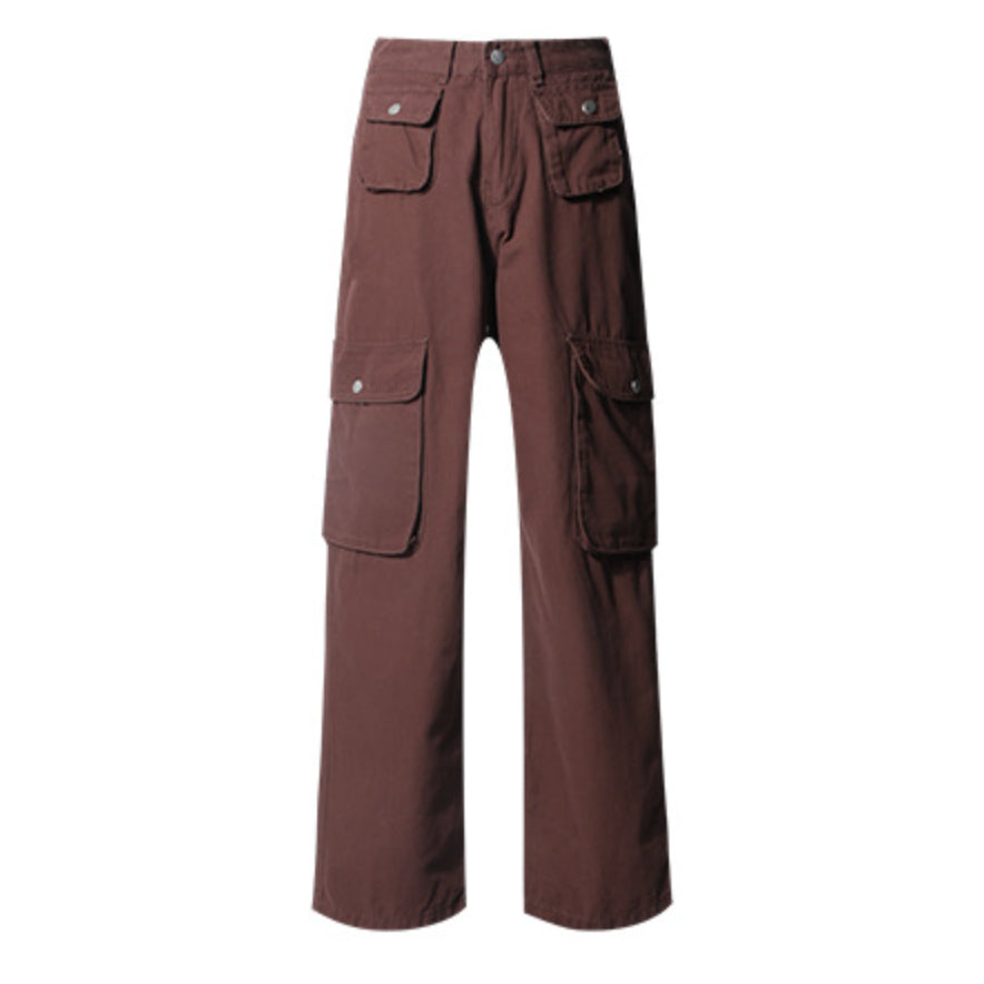 High Waist Pocket Detail Cargo Wide Leg Trousers in Brown