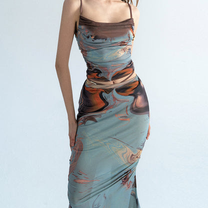 Oil Abstract Print Mesh Tulle Soft Lounge Bodycon Top With Maxi Skirt Set in Blue