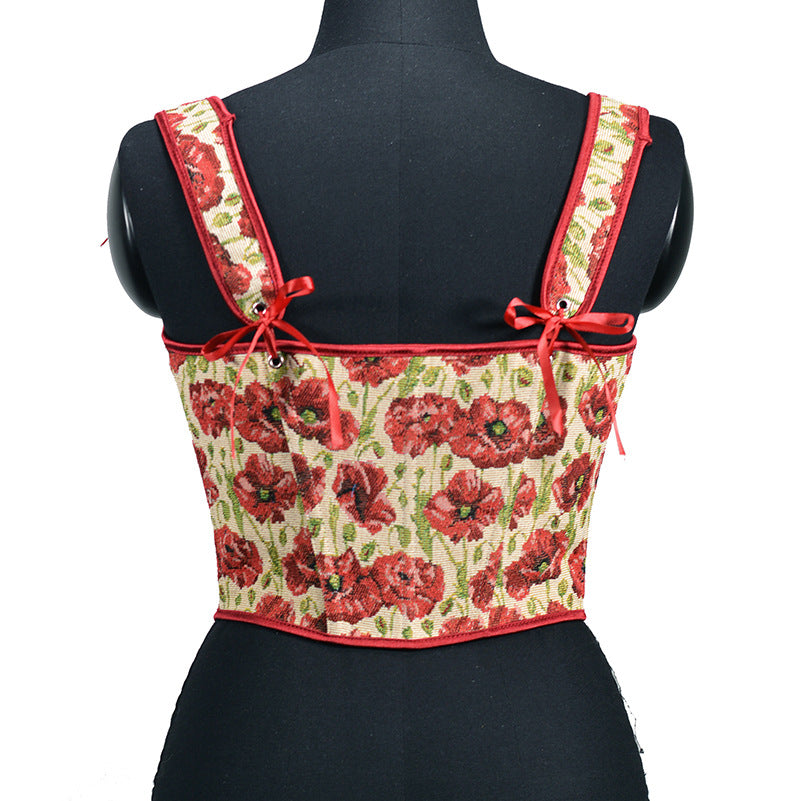 Renaissance Lace Up Floral Jacquard Corset Top - Red Poppy