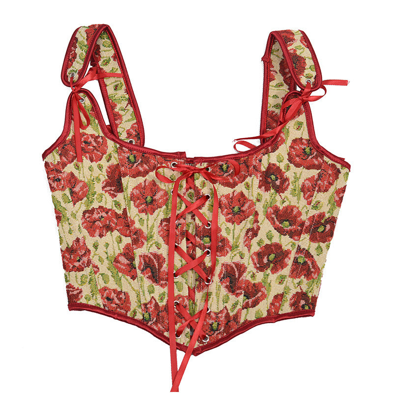 Renaissance Lace Up Floral Jacquard Corset Top - Red Poppy