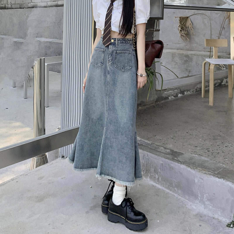 High Waist Mermaid Design Retro Raw Edge Denim Skirt in Retro Blue