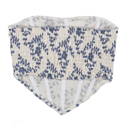 Renaissance Strapless Shirred Back Floral Jacquard Corset Crop Top - Blue Vines