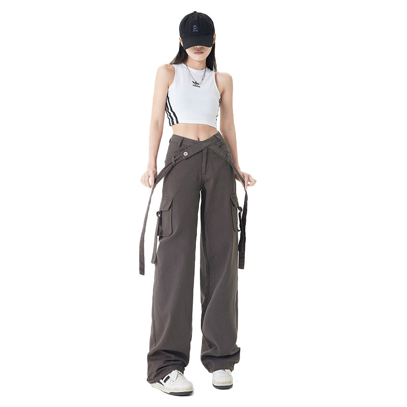 High Street Retro Strap Detail Cargo Utility Parachute Pants in Dark Grey