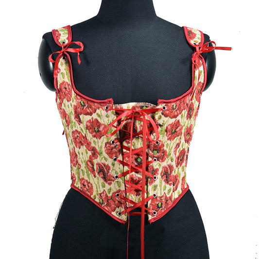 Renaissance Lace Up Floral Jacquard Corset Top - Red Poppy