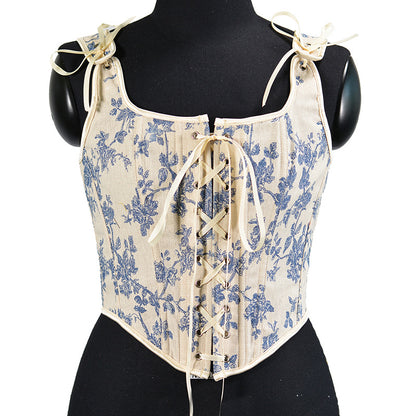 Renaissance Lace Up Floral Corset Top - Blue Iris