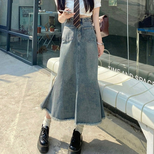 High Waist Mermaid Design Retro Raw Edge Denim Skirt in Retro Blue