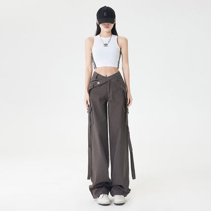 High Street Retro Strap Detail Cargo Utility Parachute Pants in Dark Grey