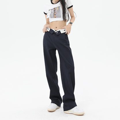 High Waist Flanging Waistband Design Straight-leg Cargo Trouser in Navy Blue