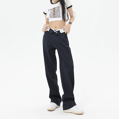 High Waist Flanging Waistband Design Straight-leg Cargo Trouser in Nude