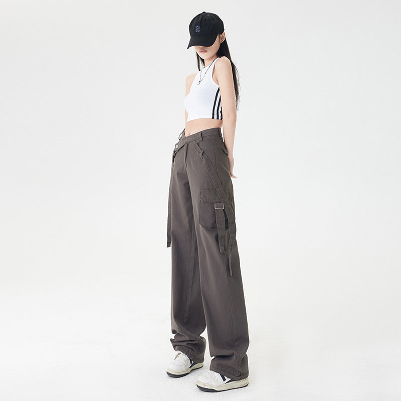 High Street Retro Strap Detail Cargo Utility Parachute Pants in Dark Grey