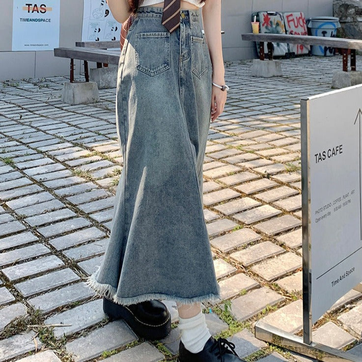 High Waist Mermaid Design Retro Raw Edge Denim Skirt in Retro Blue