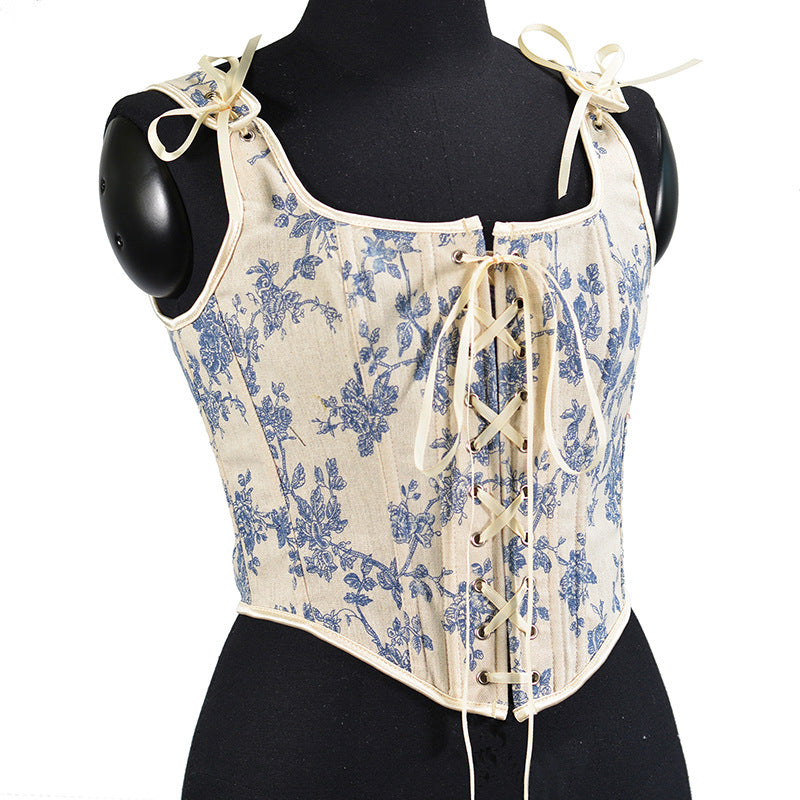 Renaissance Lace Up Floral Corset Top - Blue Iris