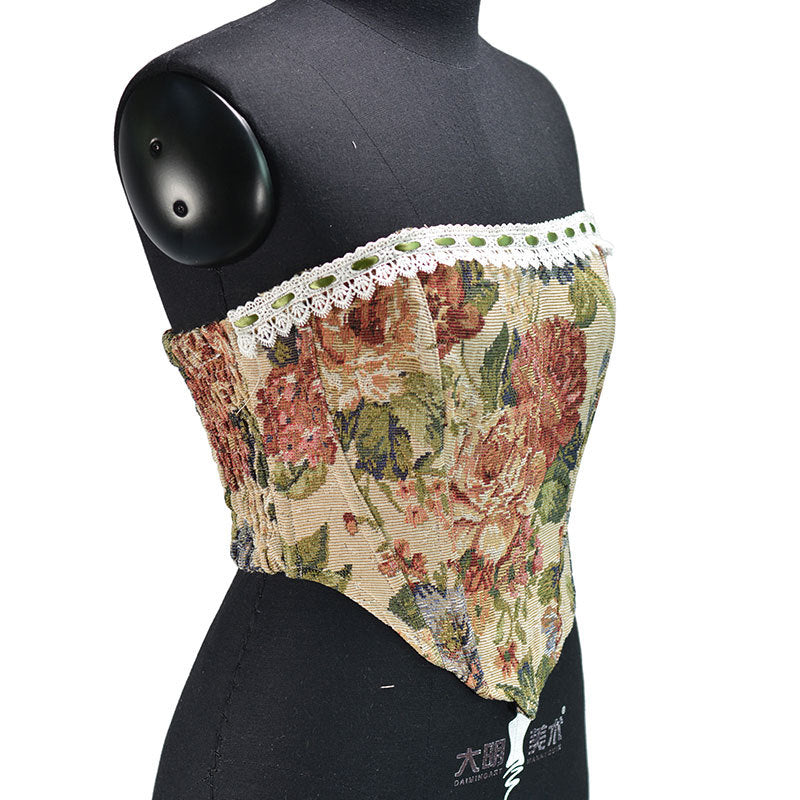 Renaissance Strapless Shirred Back Floral Jacquard Corset Crop Top - Rose