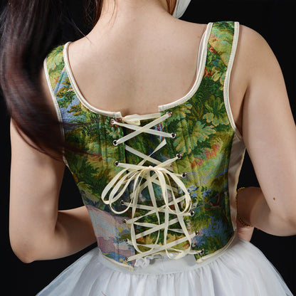 Renaissance Oil Panting Pattern Jacquard Lace Corset Top in Green