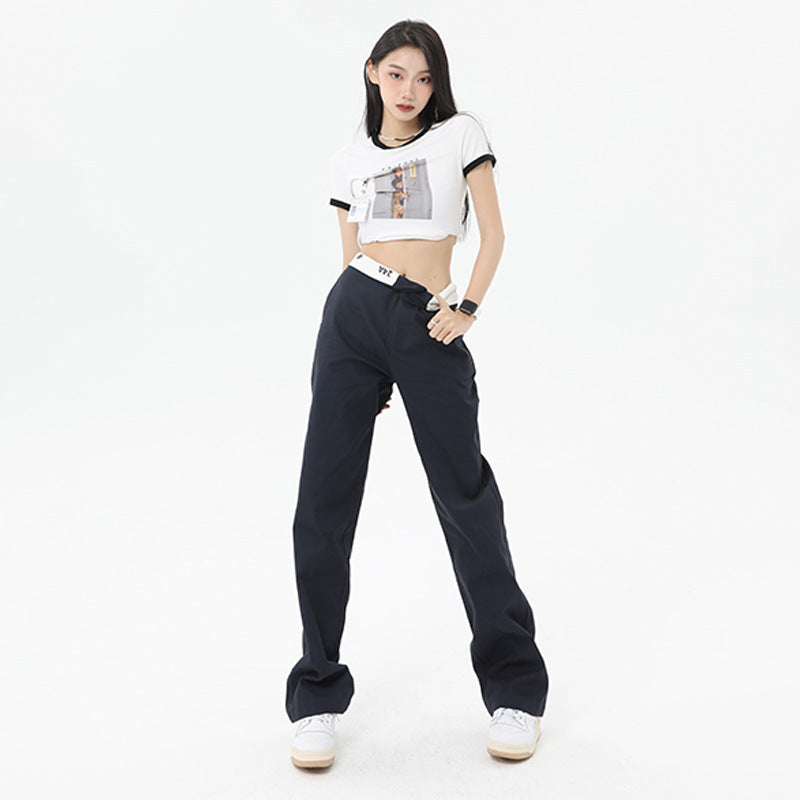 High Waist Flanging Waistband Design Straight-leg Cargo Trouser in Navy Blue