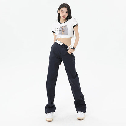 High Waist Flanging Waistband Design Straight-leg Cargo Trouser in Nude