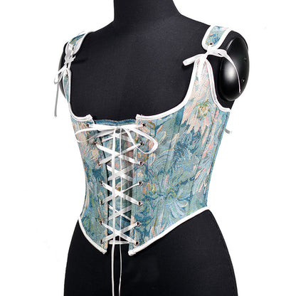 Renaissance Lace Up Floral Jacquard Corset Top - Blue Daisy