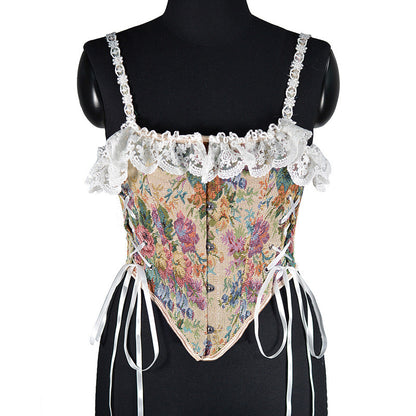 Renaissance Floral Jacquard Lace Corset Top in Black