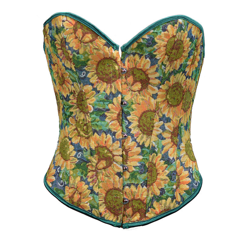 Retro Oil Panting Strapless Sweetheart Corset Bustier Top - Sunflower