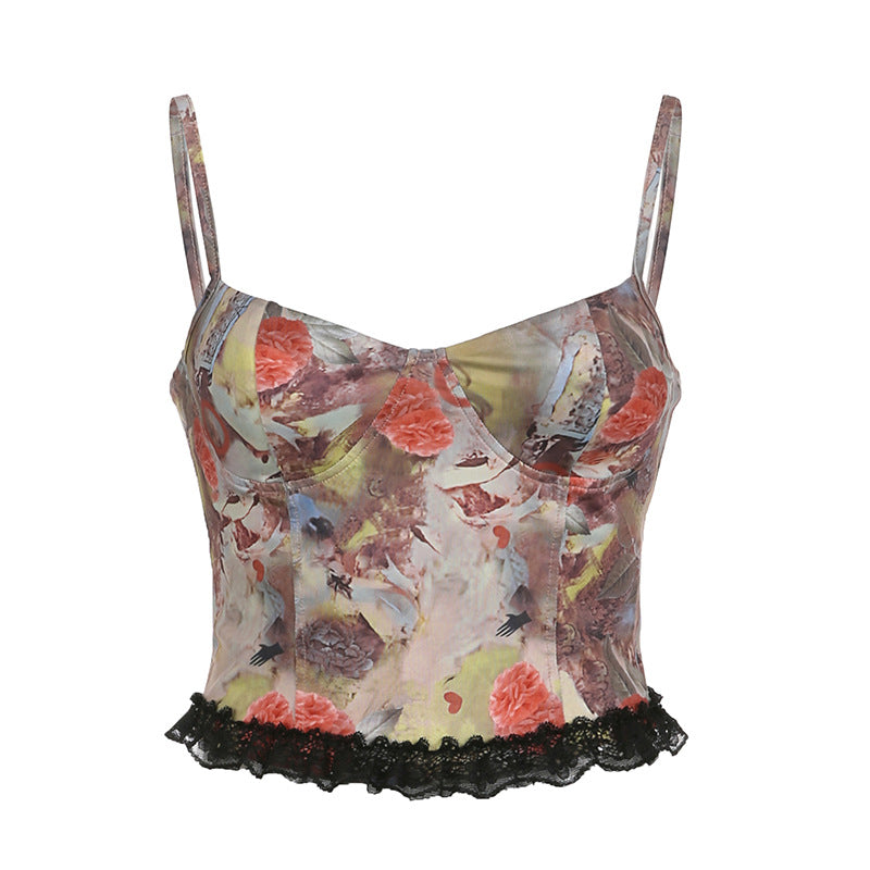 Spaghetti Strap Floral Print Corset Style Crop Top