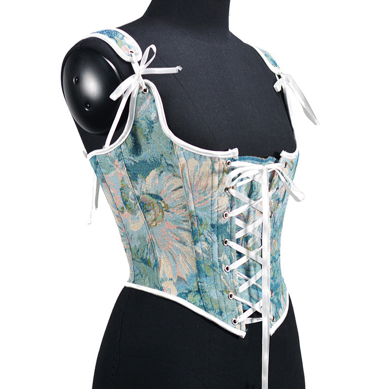 Renaissance Lace Up Floral Jacquard Corset Top - Blue Daisy