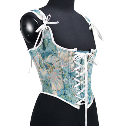 Renaissance Lace Up Floral Jacquard Corset Top - Blue Daisy