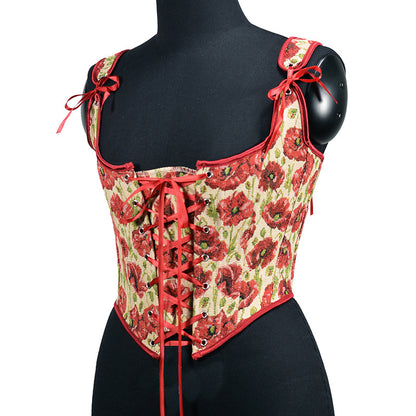 Renaissance Lace Up Floral Jacquard Corset Top - Red Poppy