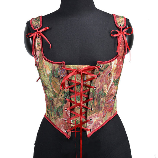 Renaissance Lace Up Floral Jacquard Corset Top - Rose Garden