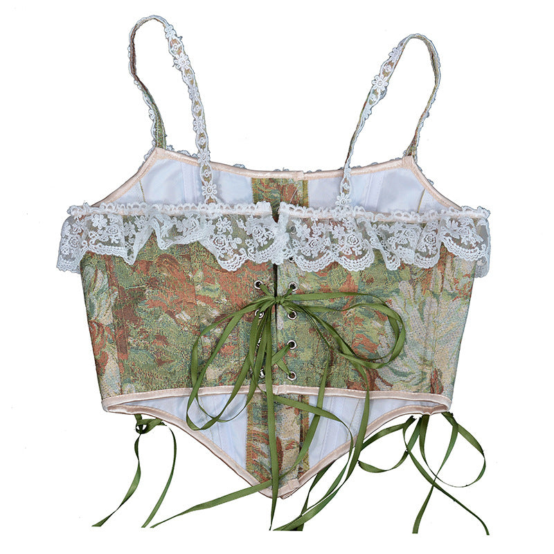 Renaissance Floral Oil Panting Pattern Jacquard Lace Corset Top - Golden Daisy